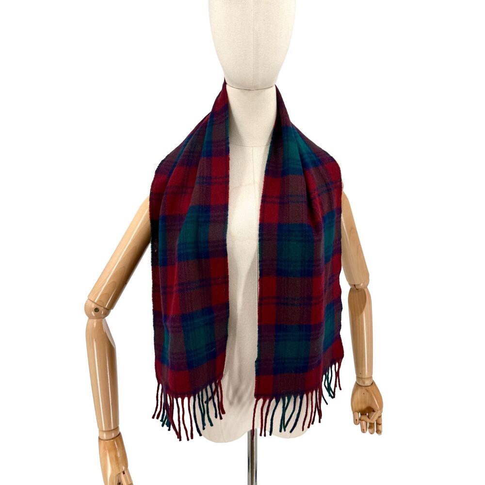 Vintage 80s Lambswool Red Green Tartan Fringe Scarf Scotland